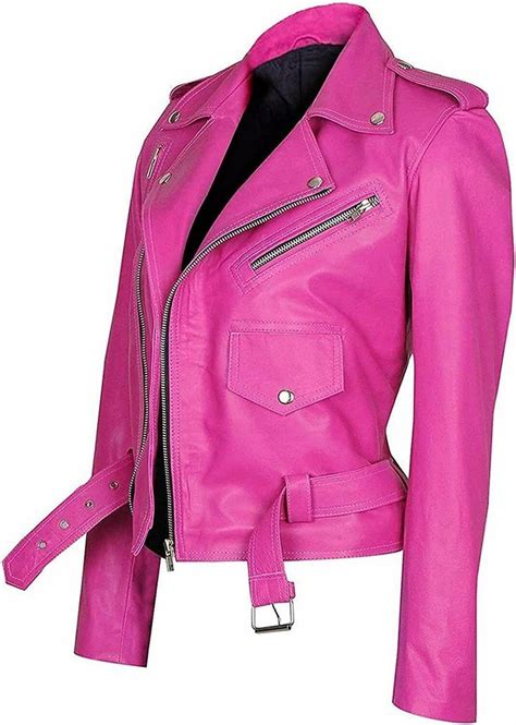 Jessica Alba Hot Pink Stylish Cropped Leather Jacket Women Pink Biker