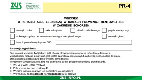 Wniosek ZUS PR 4 wniosek o rehabilitację leczniczą ZUS