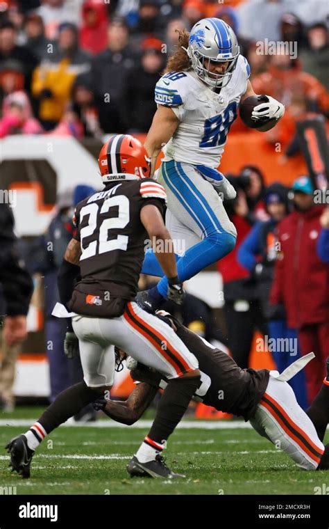 Detroit Lions Tight End T J Hockenson 88 Leaps In The Air During The