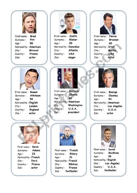 Celebrities Id Cards Esl Worksheet By Nanette Vocabulary