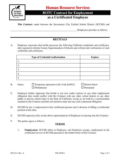 Fillable Online Rotc Contract For Employment As A Certificated Employee