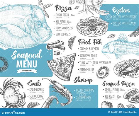 Seafood Restaurant Menu Design With Hand Drawing Fish Cartoon Vector