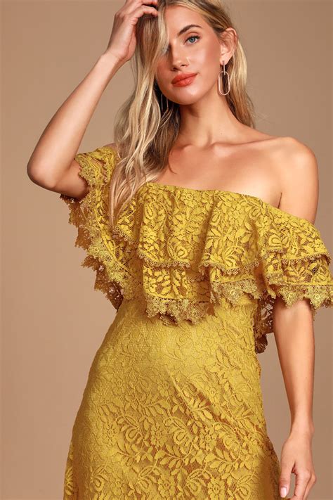 Lovely Golden Yellow Lace Dress Off The Shoulder Midi Dress Lulus