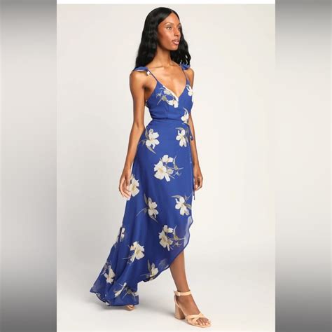 Lulu’s High Low Wrap Dress Cobalt Blue Floral Si Gem