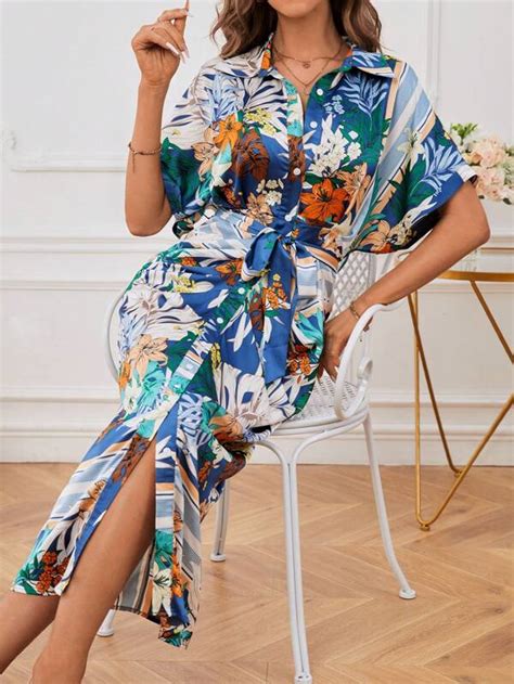 Shein Vcay Tropical Print Batwing Sleeve Belted Shirt Dress Shein Uk