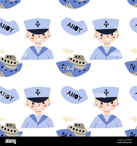 Cute Marine Baby Pattern With Ship And Boy Nautical Elements Seamless