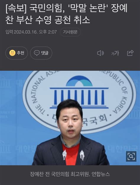 속보 국민의힘 막말 논란 장예찬 부산 수영 공천 취소 정치시사 에펨코리아