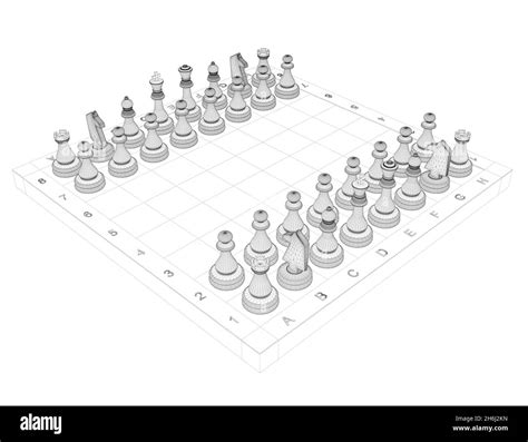 Wireframe Of Chess Pieces On A Chessboard From Black Lines Isolated On