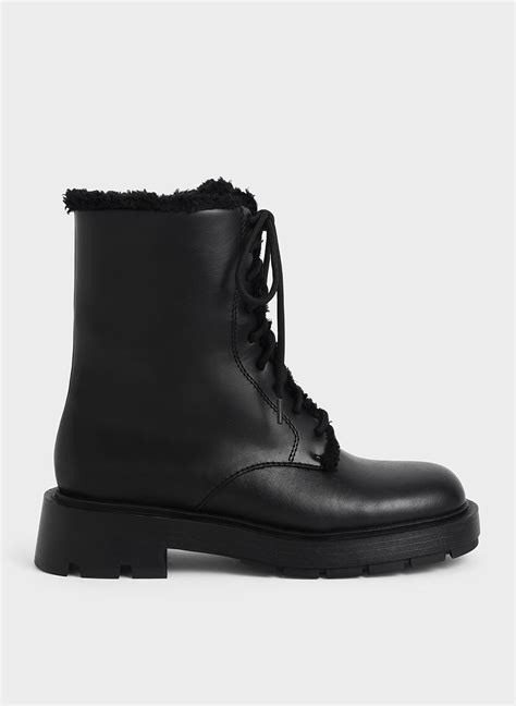 Black Fur Trim Lace Up Ankle Boots Charles And Keith Ae