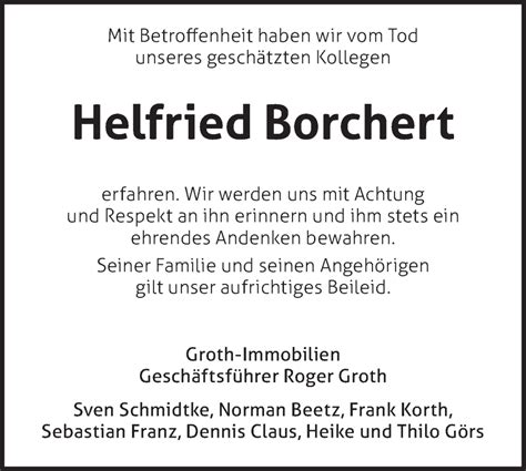 Traueranzeigen Von Helfried Borchert M Rkische Onlinezeitung Trauerportal