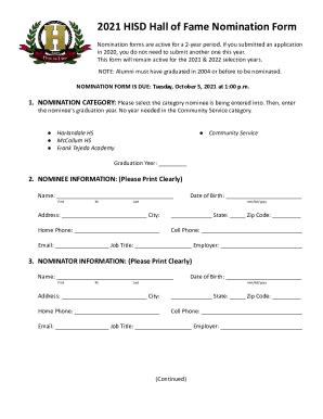 Fillable Online Hisd Hall Of Fame Nomination Form Fax Email Print