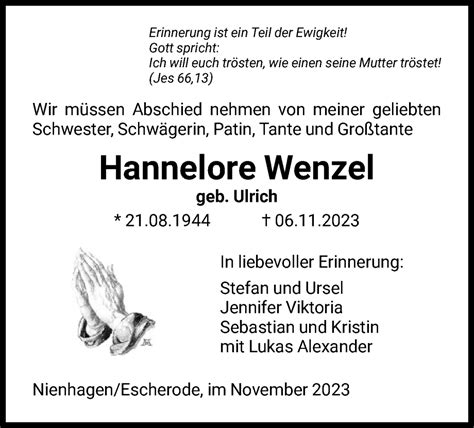 Traueranzeigen Von Hannelore Wenzel Trauer Hna De