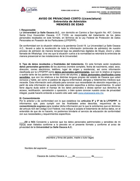 Aviso De Privacidad Lic Menores De Edad Rev Aviso De