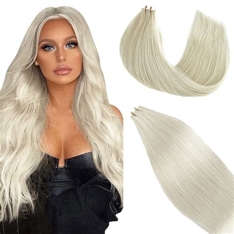 Tape Ins Human Hair Extensions 60 Platinum Blonde Pu Tape