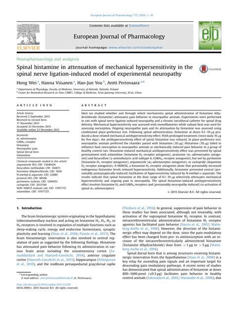 Pdf Spinal Histamine In Attenuation Of Mechanical Hypersensitivity In