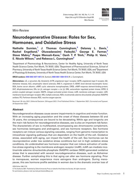 Pdf Neurodegenerative Disease Roles For Sex Hormones And Oxidative Stress