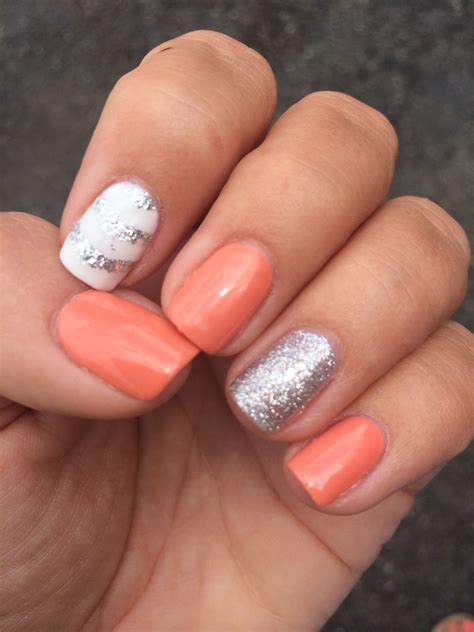 Summer Gel Polish Nails 2014 Coral White Silver Glitter One Of