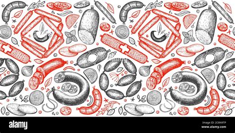 Vintage Vector Meat Products Seamless Pattern Hand Drawn Sausage