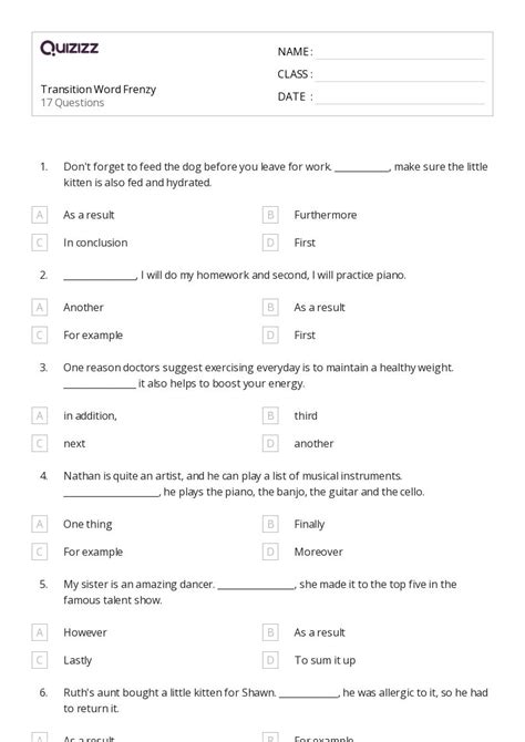 Transition Words Worksheets For Rd Grade On Quizizz Free Printable