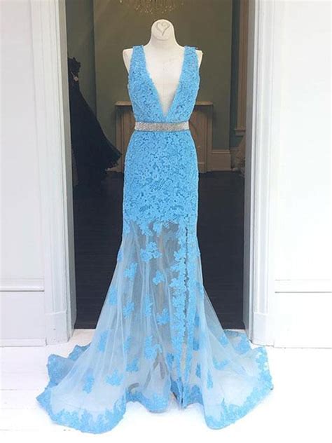 Light Blue V Neck Mermaid Lace Applique Long Prom Dresses Lace Blue F