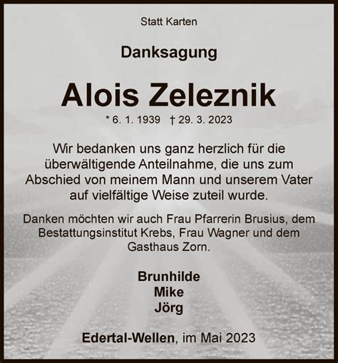 Traueranzeigen Von Alois Zeleznik Trauer Wlz Online De