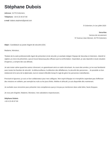 Lettre De Motivation Agent De Securite Exemple