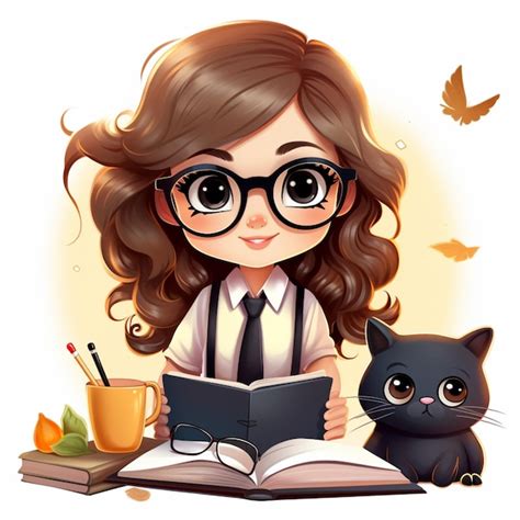 Menina De Desenho Animado Lendo Um Livro Um Gato Ao Lado De Sua Ia