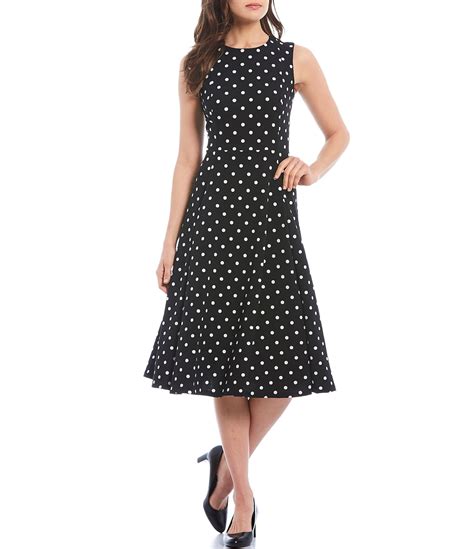 Calvin Klein Polka Dot Scuba Crepe Sleeveless Crew Neck Midi Dress