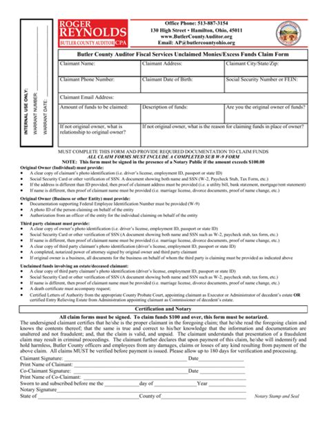 Butler County Ohio Unclaimed Monies Excess Funds Claim Form Fill Out