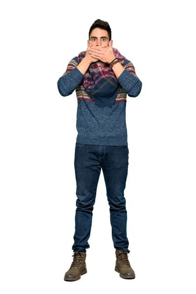 Full Length Shot Handsome Man Sweatshirt Covering Mouth Hands Isolated