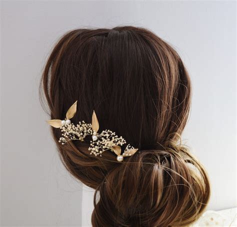 5 épingles à Chignon Feuilles Dorées Stabilisées Gypsophiles Et Perles