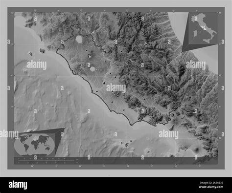 Lazio Region Of Italy Grayscale Elevation Map With Lakes And Rivers