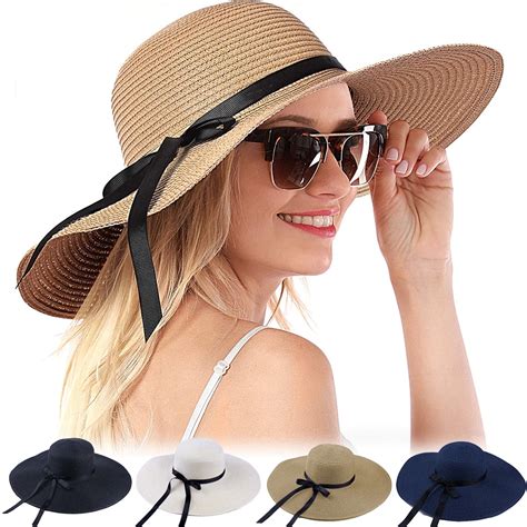 Womens Floppy Summer Sun Beach Straw Hat UPF50 Foldable Wide Brim