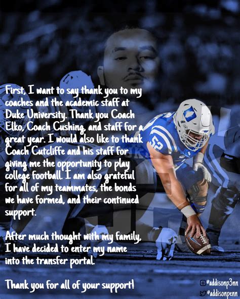 College Football Transfer Portal On Twitter Duke OL Addison Penn