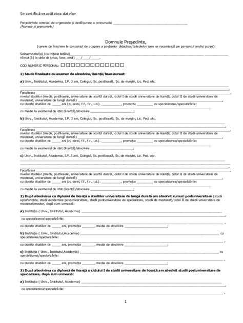 Fillable Online Domnule Presedinte Cerere De Inscriere La Concursul