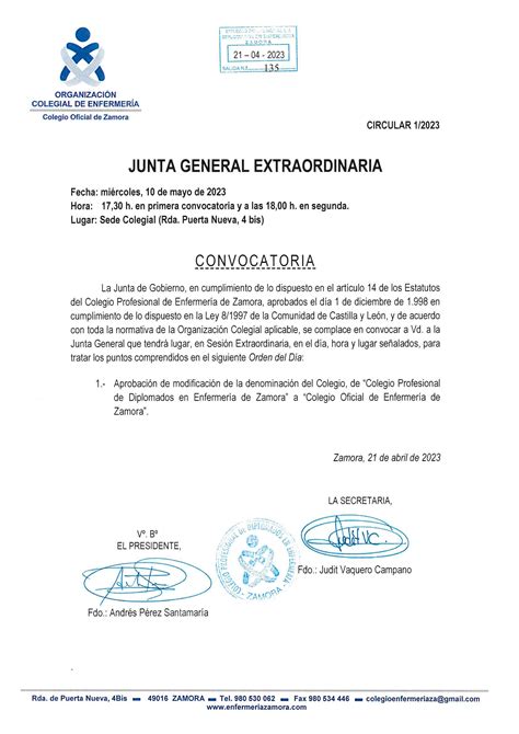 Convocatoria Junta General Extraordinaria 2023 COLEGIO DE ENFERMERÍA