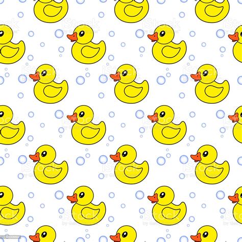 Yellow Rubber Ducks And Soap Bubbles On White Background Seamless