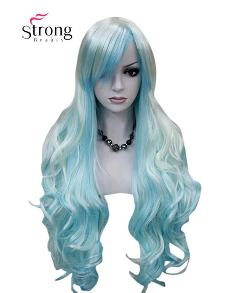 Womens Wigs Long Curly White Blue Cosplay Wig Synthetic Hairwig Long