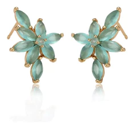 Aretes Oro K Lam Zirconia Aqua Flor Regalo Mujer Broquel M Meses