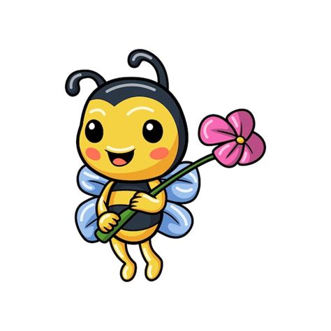 Linda pequeña abeja de dibujos animados sosteniendo una flor Vector