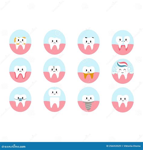 Set Of Teeth Characters In Cartoon Flat Style Vector Illustration Of