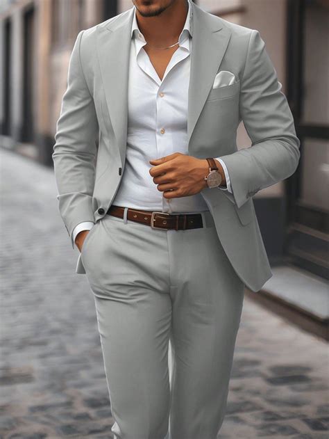 Men 2 Piece Solid Color Suit Set Jacket And Trousers Mens Outfits