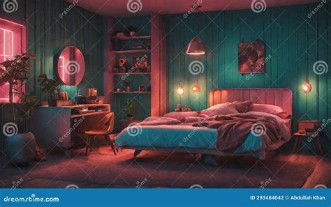 A Retro Inspired Bedroom With Neon Lights Evoking A Nostalgic Stock