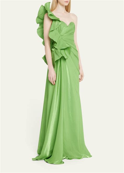 Badgley Mischka Collection Botanical Leaf Ruched Ruffle Sweetheart Gown