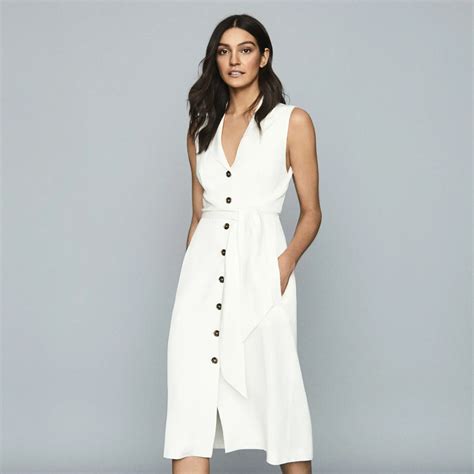 Rosalind White Linen Blend Belted Midi Dress REISS Belted Midi