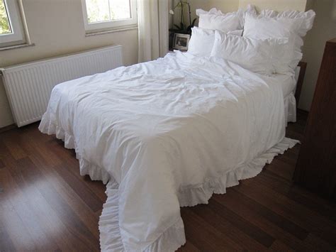 All White Full QUEEN Duvet Cover Ruffled Lace Eyelet ELEGANT Shabby