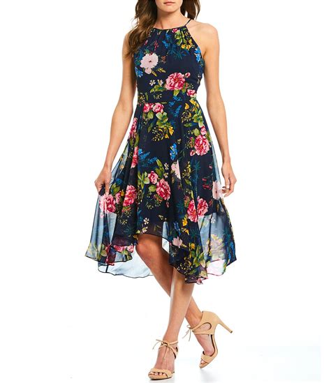 Shop For Eliza J Halter Neck Floral Print Hi Low Chiffon A Line Midi