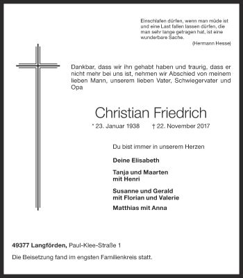 Traueranzeigen Von Christian Friedrich Om Trauer De