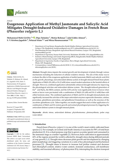 Pdf Exogenous Application Of Methyl Jasmonate And Salicylic Acid