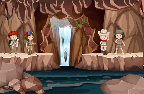 Children Exploring A Cave With Waterfall 301455 Vector Art At Vecteezy